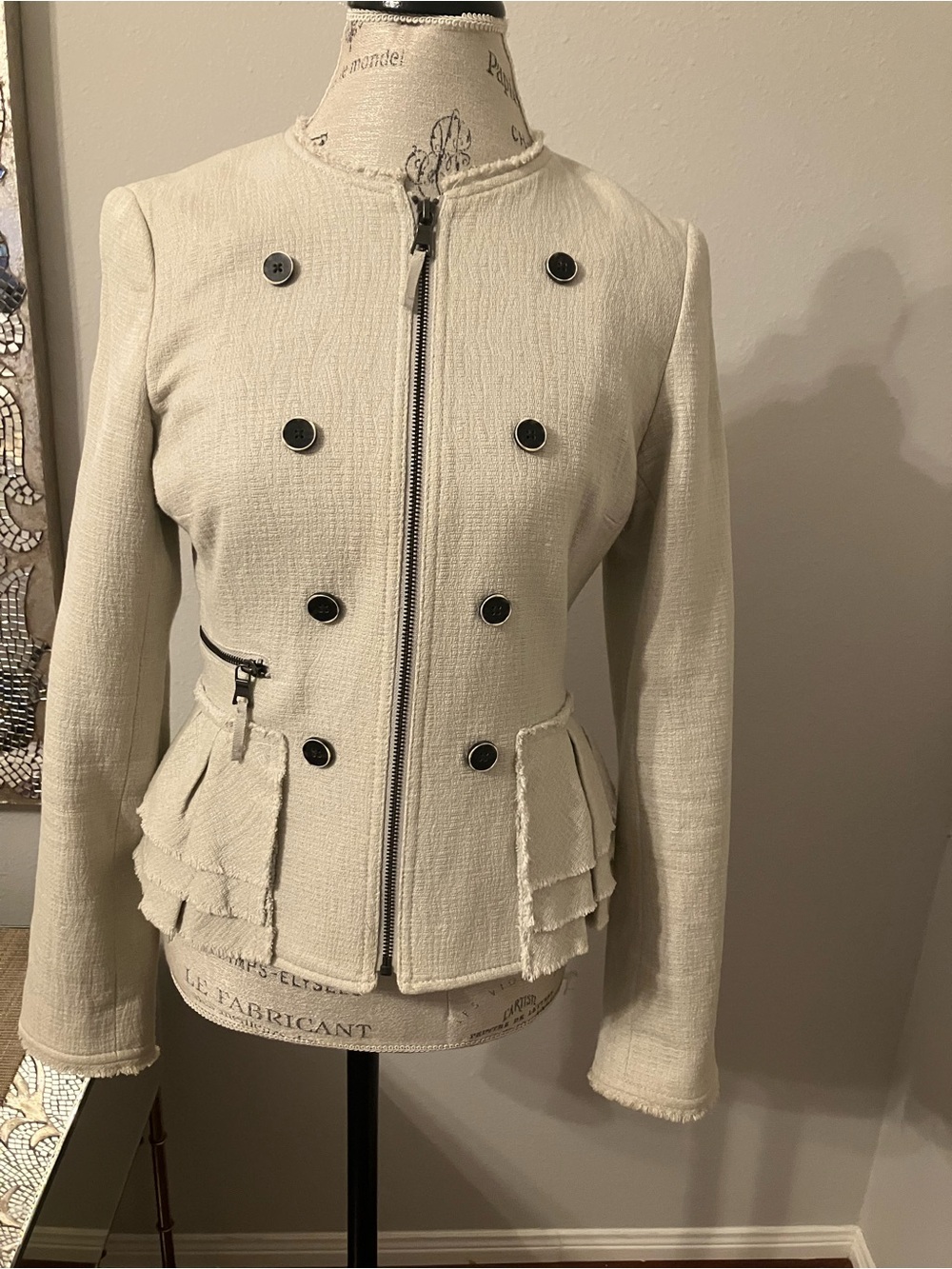 Banana Republic Cream Double-Breasted Tweed Blazer with Zip Front